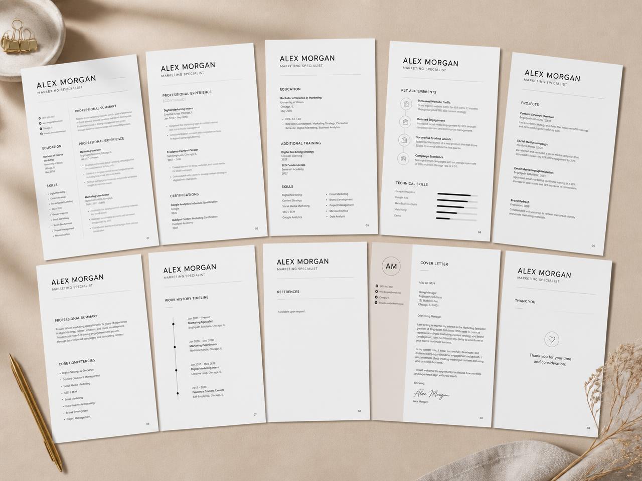 Ten ATS-friendly resume and cover letter templates laid out on a desk